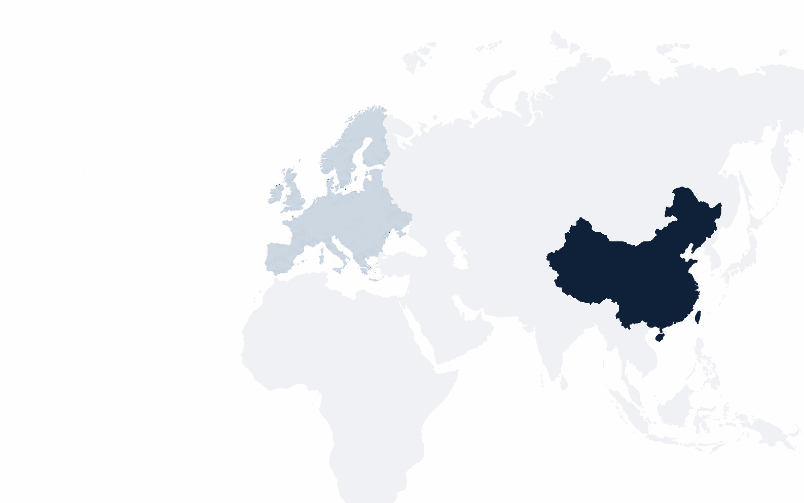 Minimal world map highlighting Europe and China as two connected commercialization markets